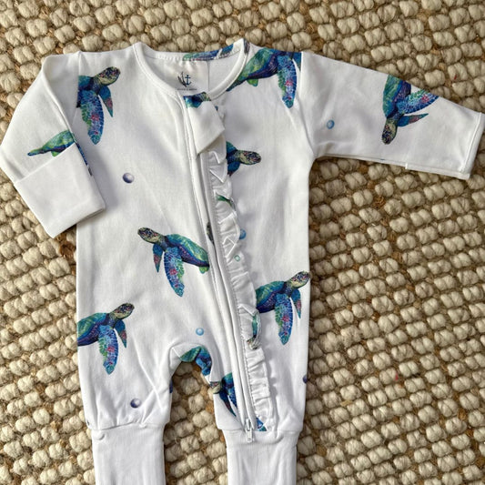 Frill Long Zippy Romper | Sea Turtle