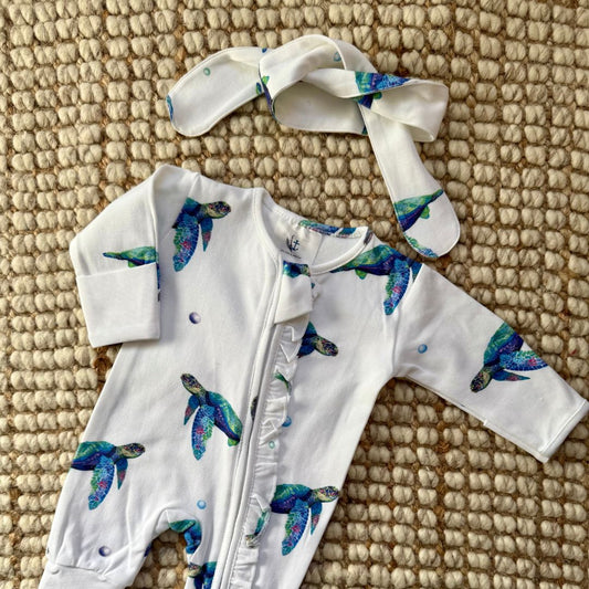 Frill Long Zippy Romper | Sea Turtle