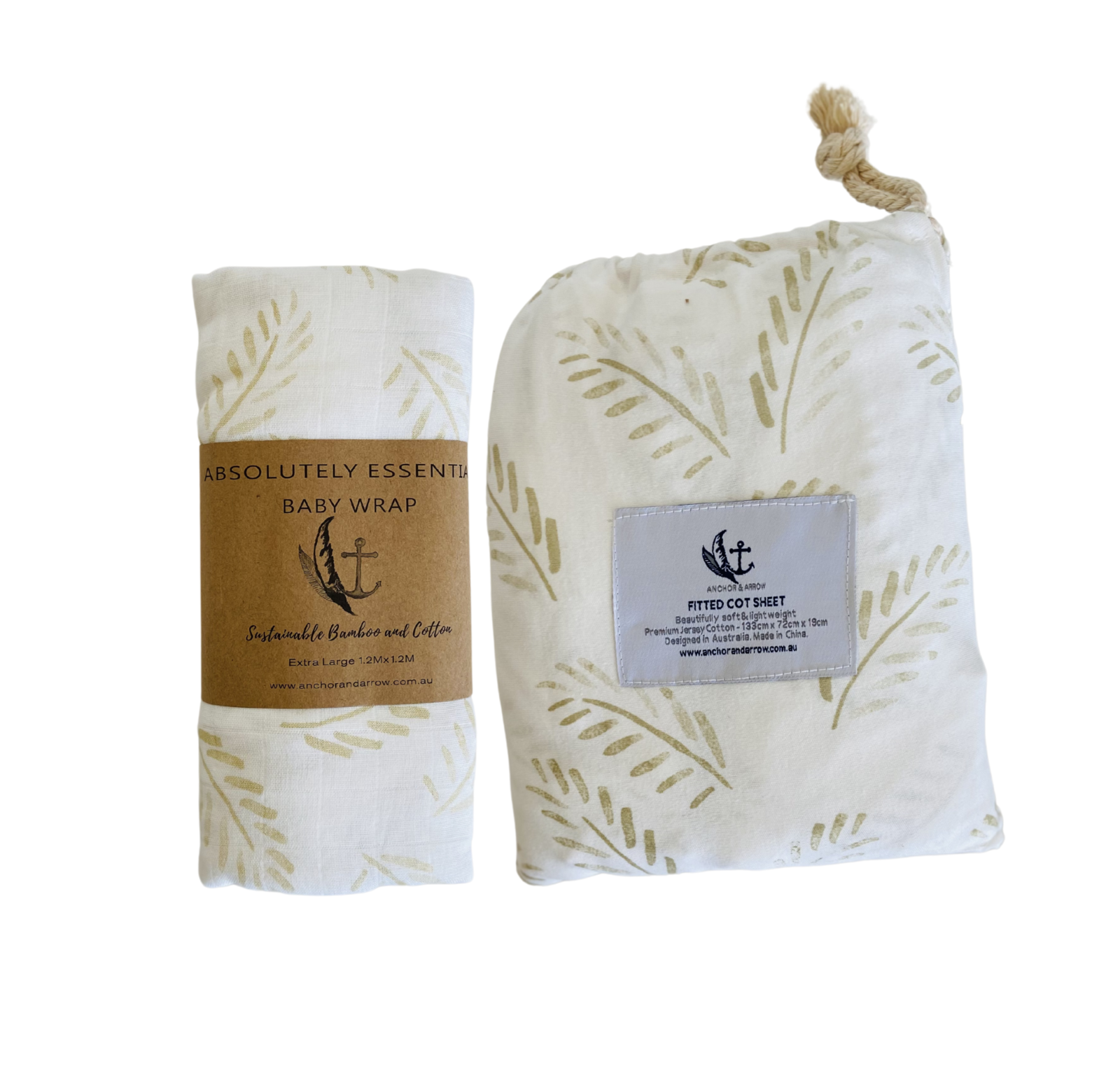 Organic Bamboo Cotton Baby Swaddle + Cot Sheet Set - Gold Fern