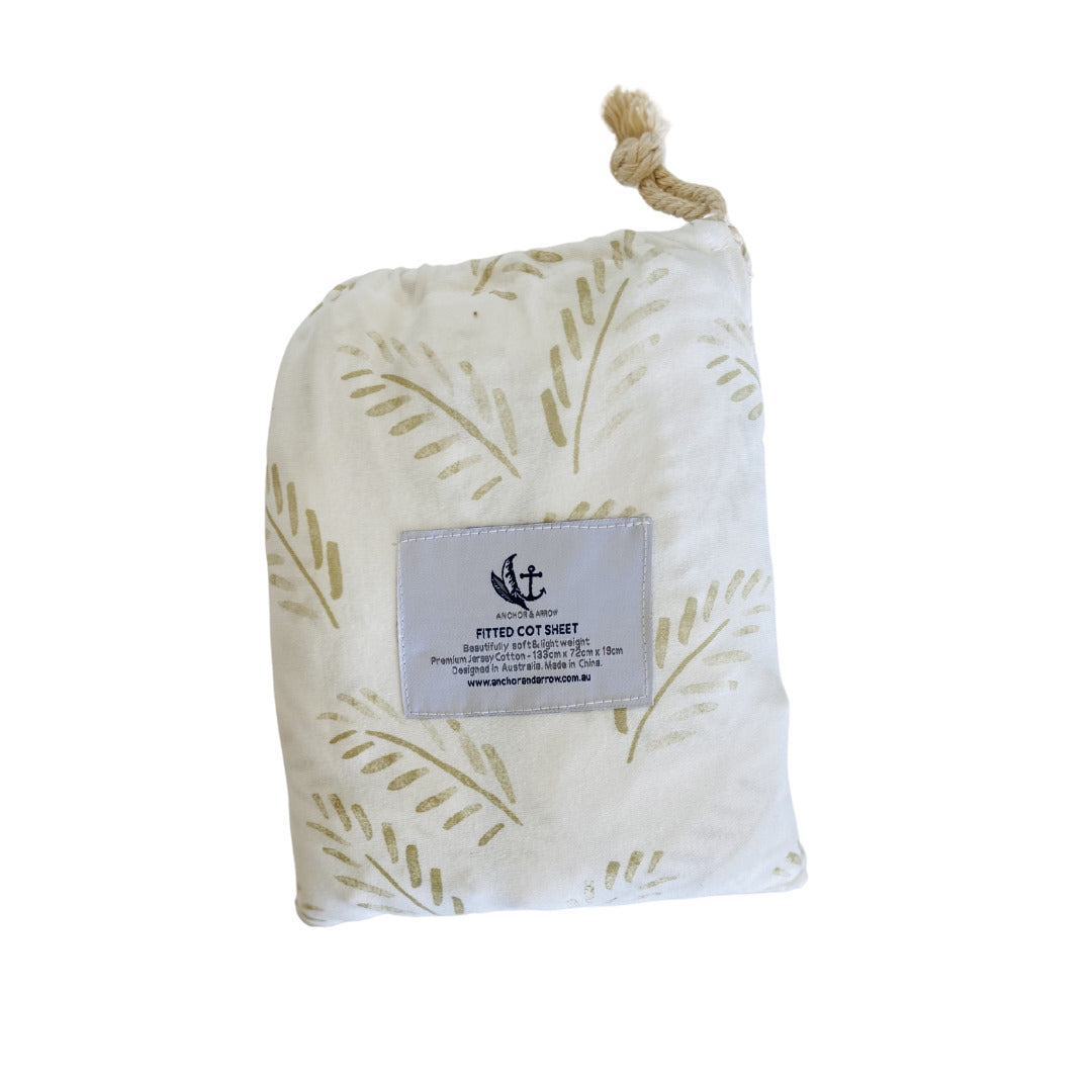Jersey Cotton Cot Sheet -   Gold Fern 