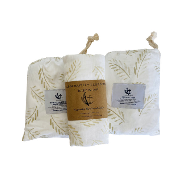 Organic Bamboo Cotton Swaddle + Cot + Bassinet Sheet Set - Gold Fern