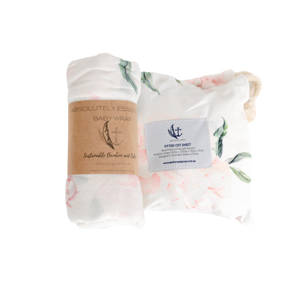 Organic Bamboo Cotton Baby Swaddle + Cot Sheet Set - "Pretty Peony"