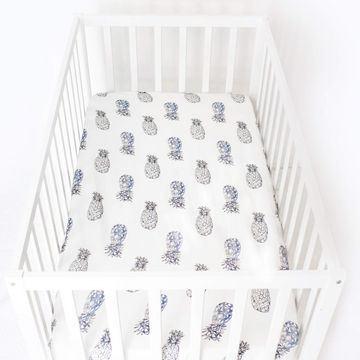 Jersey Cotton Cot Sheet - Indigo Pineapples