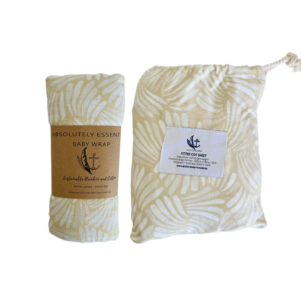 Organic Bamboo Cotton Baby Swaddle + Cot Sheet Set - Sandy Shell