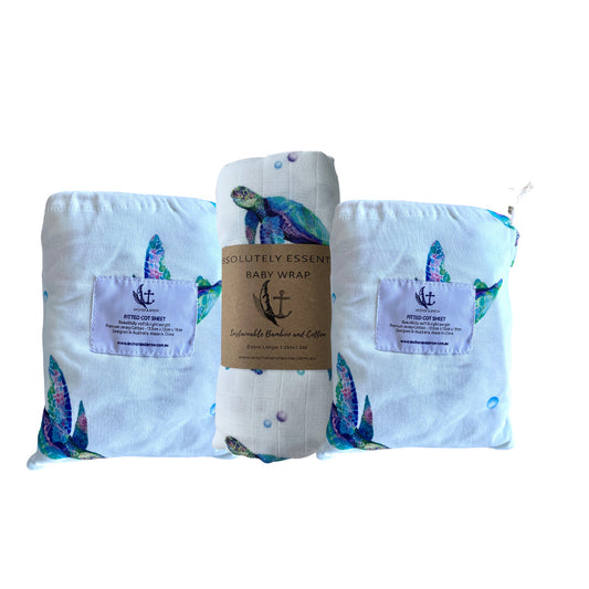 Organic Bamboo Cotton Baby Swaddle + Cot + Bassinet Sheet Set - Sea Turtle