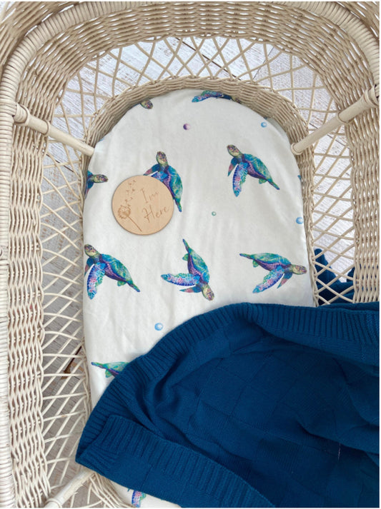 Organic Bamboo Cotton Baby Swaddle + Cot + Bassinet Sheet Set - Sea Turtle