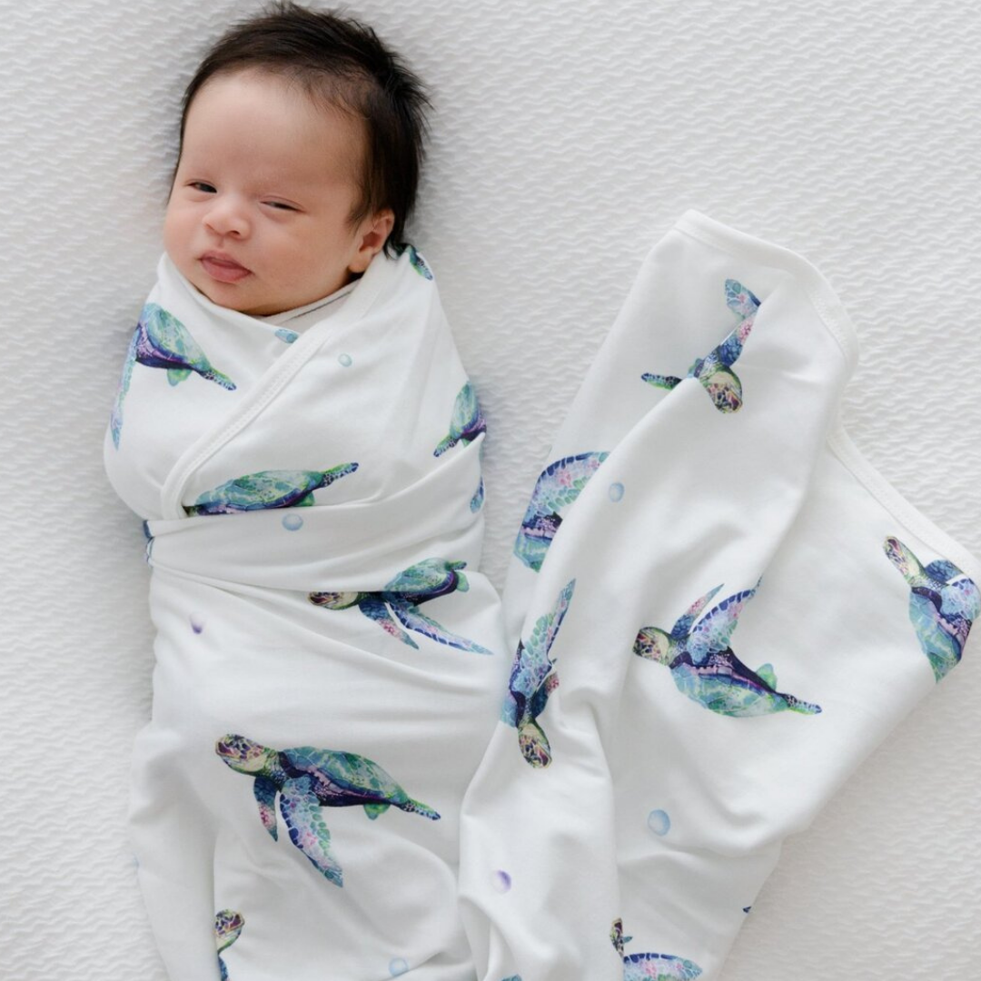 Jersey Baby Swaddle + Beanie -   Sea Turtles