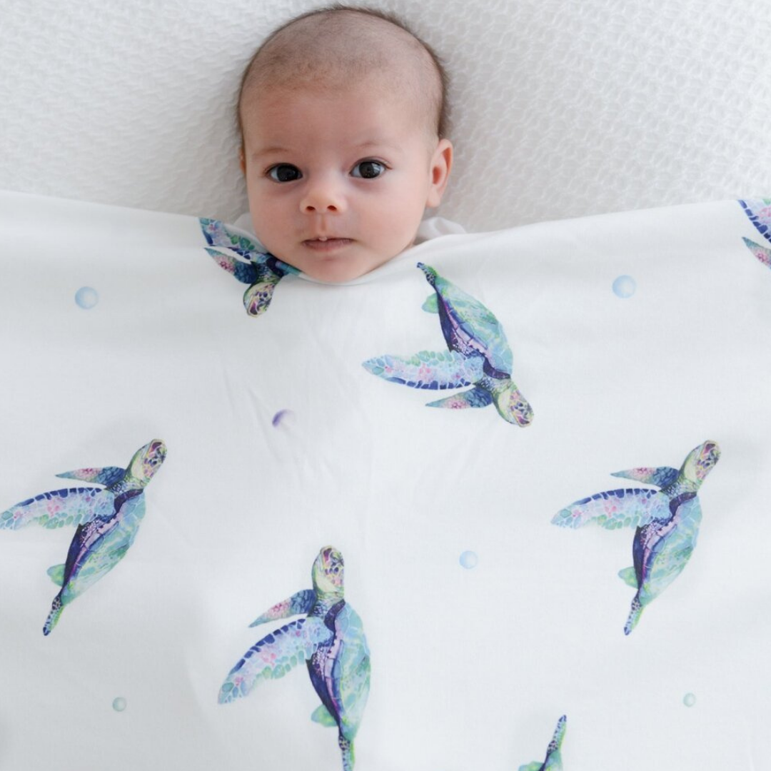 Jersey Baby Swaddle + Beanie -   Sea Turtles